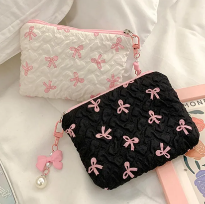 Makeup Bag Canvas Large Capacity Bow Design Travel Cosmetic Storage Pouch