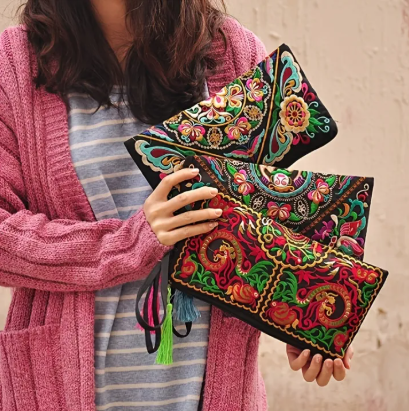 Vintage Ethnic Style Embroidered Long Wallet Wristlet Clutch Bag with Flower Fabric and Phone Pocket
