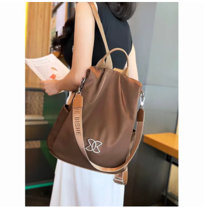 Women Large Capacity Outdoor Tote Bag Genuine Leather Trim 15 Inch Laptop Shoulder Bag