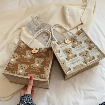 Cartoon Bear Canvas Tote Bag Ladies Shoulder Bag Large Capacity Student Lunch Bag