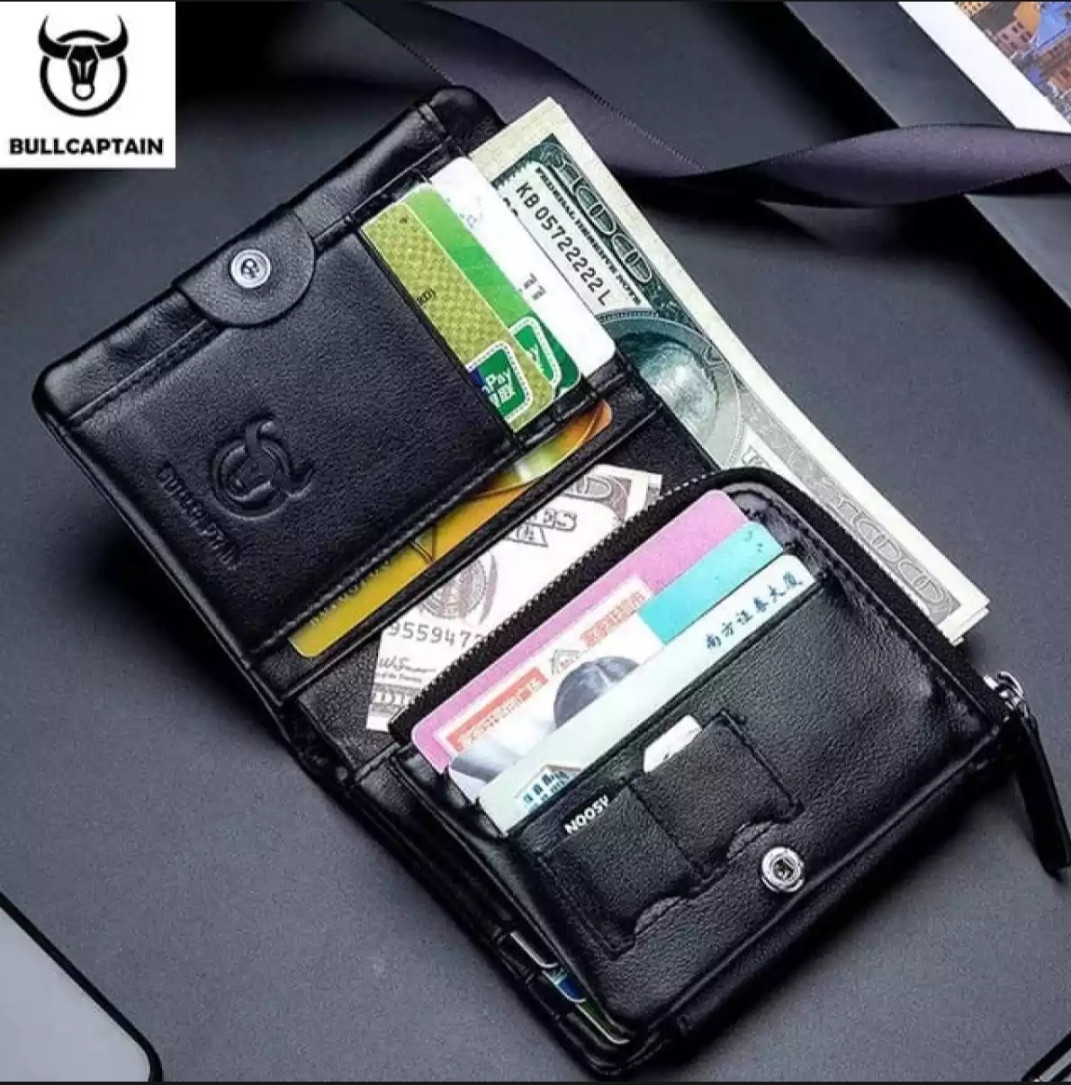 Bullcaptain 100% Leather Wallet For Men | Premium Black Zipper Wallet with Coin & Card Pocket | Long-Lasting Fashion Wallet