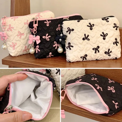 Makeup Bag Canvas Large Capacity Bow Design Travel Cosmetic Storage Pouch