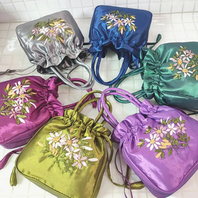 Small Women Bucket Bag Embroidered Flower Drawstring Top Handle Handbag