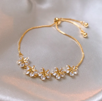 Rhinestone Bracelet Gold Adjustable Stars Flower Charm Wedding Bangle for Women
