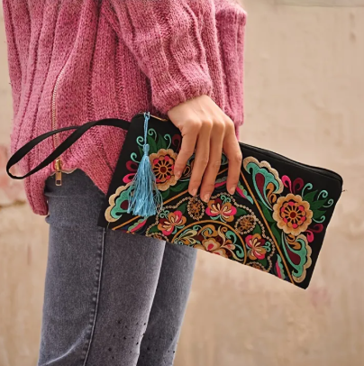 Vintage Ethnic Style Embroidered Long Wallet Wristlet Clutch Bag with Flower Fabric and Phone Pocket